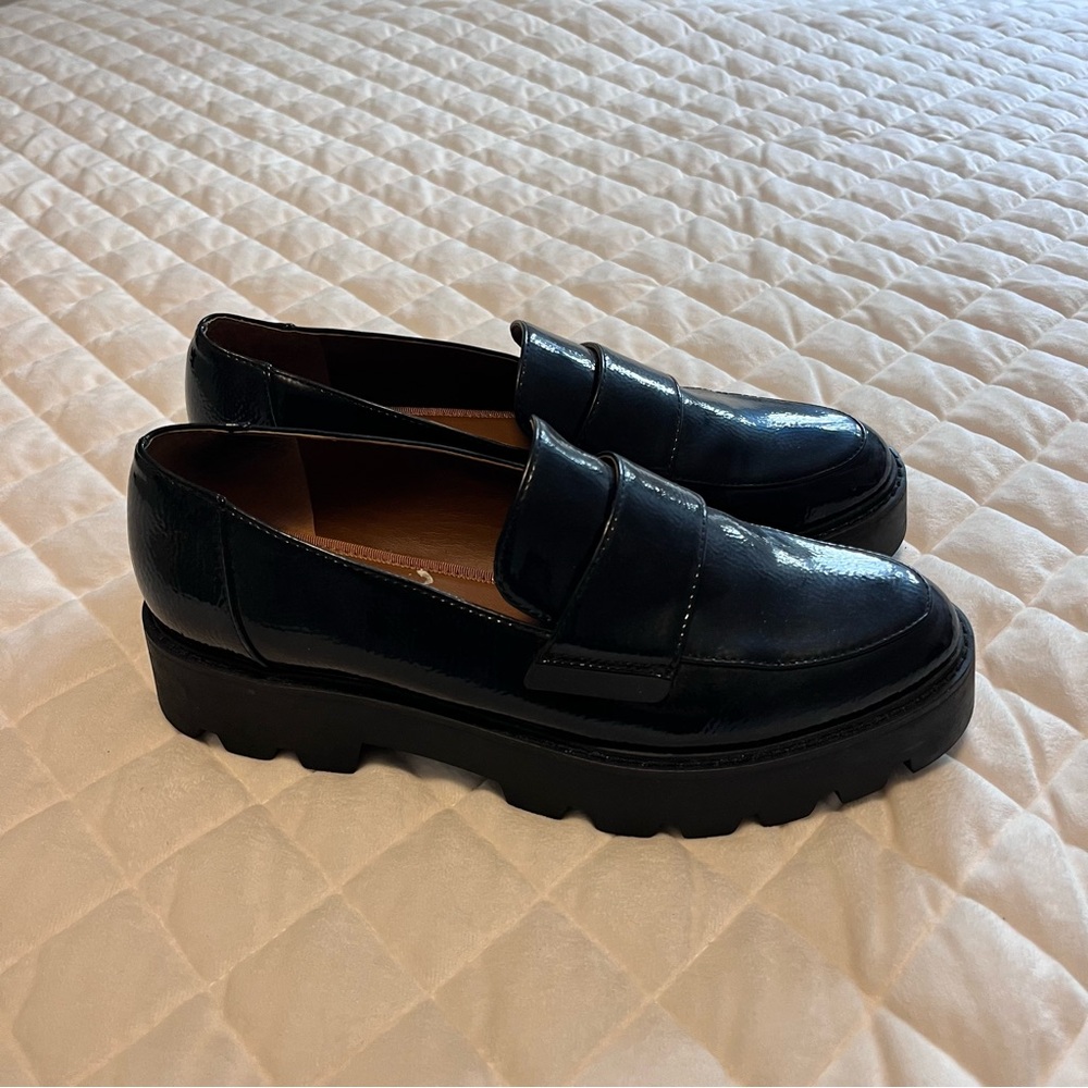 Franco Sarto Brindy platform lug-sole loafers in black patent faux leather 9.5